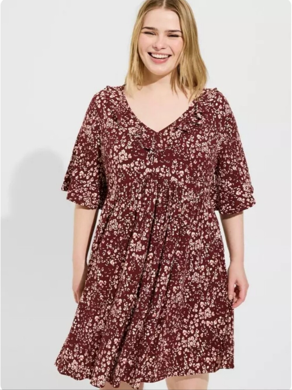 Torrid Burgundy Floral V-Neck Mini Dress with Cream Print